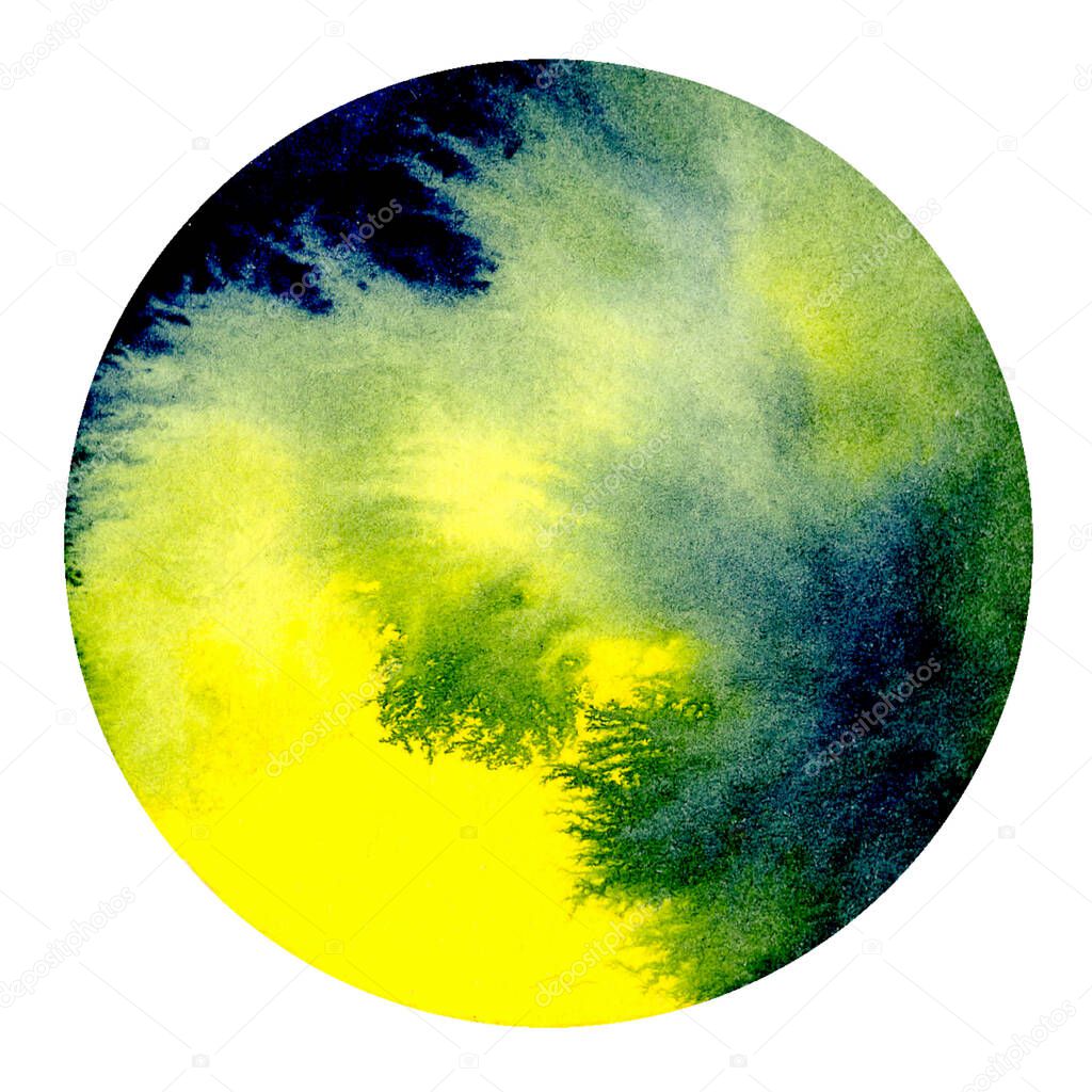 Yellow and indigo blue abstract watercolor hand painting in circle shape for the text message background. Colorful splashing in the paper. Perfect for branding, greetings, websites, digital media, invites, weddings.