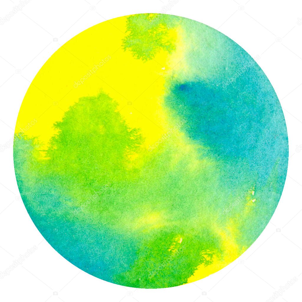 Yellow and blue abstract watercolor hand painting in circle shape for the text message background. Colorful splashing in the paper. Perfect for branding, greetings, websites, digital media, invites, weddings.