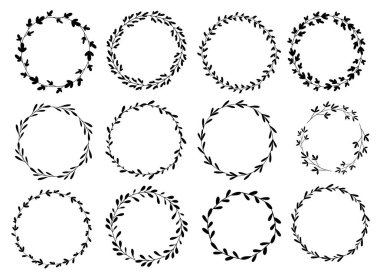 16 dal ve yaprak çelengi. Elle çizilmiş vektör. Botanik taslak koleksiyonu. Tasarım için dekoratif elementler. Mürekkep, vintage, doodle.