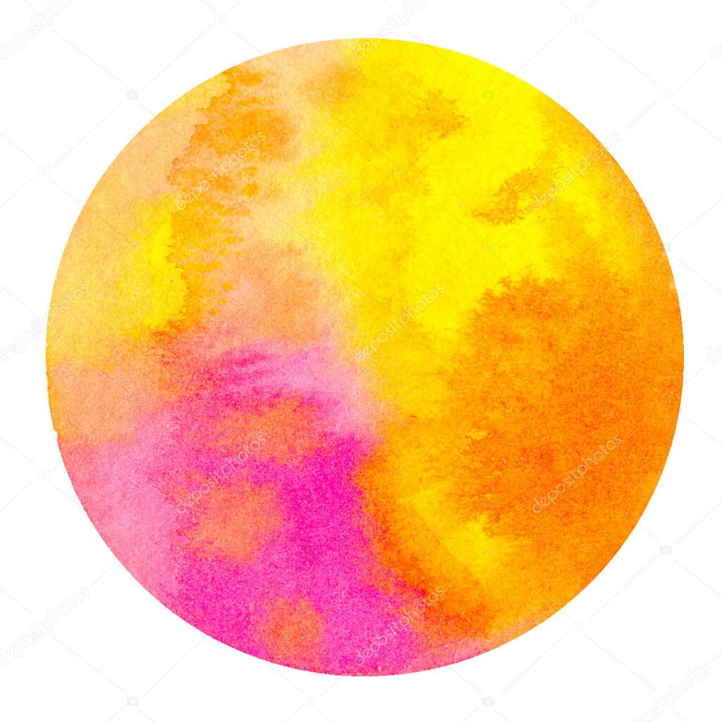 Yellow abstract watercolor hand painting in circle shape for the text message background. Colorful splashing in the paper. Perfect for branding, greetings, websites, digital media, invites, weddings.