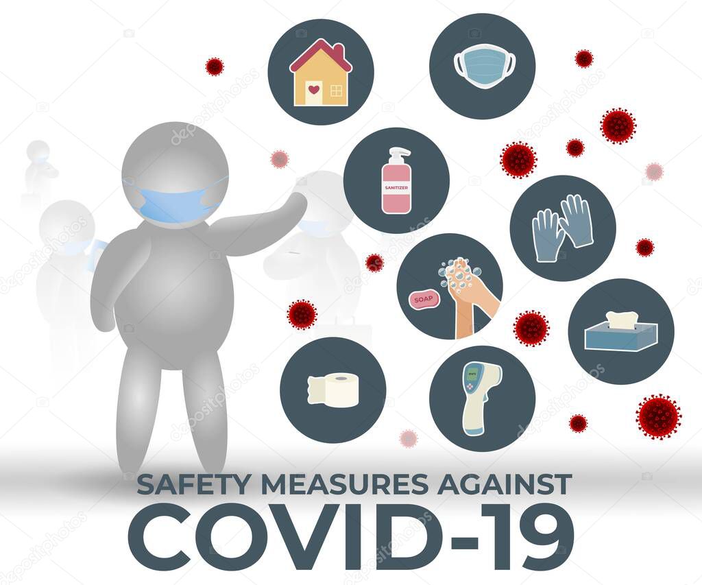 Vector Illustration background of coronavirus cell icons. Flat infographic icons of life saving safety measure equipment to prevent deadly covid-19, flat cons for social awareness, 3D character