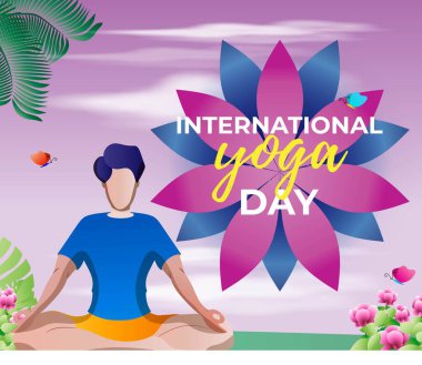 Uluslararası yoga günü için vektör illüstrasyonu. İllüstrasyon, bahçede oturup yoga yapan kişiyi gösteriyor..