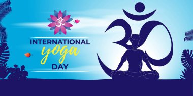 Uluslararası Yoga Günü 'nün vektör illüstrasyonu. İllüstrasyon, AUM 'un karanlık bulutlu arka planının bitkiler ve çiçeklerle çevrili olduğu tezahüratını tasvir eden yoga poziyonundaki kişiyi betimler.. . 