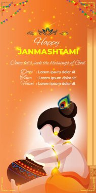 Janmashtami 'nin vektör çizimi tatlı bebek Krishna' nın tencerede oturup tereyağı yediğini gösteriyor. Arka plan renkli süslemeler ve parlayan yıldızlarla süslenmiş. Janmashtami, Tanrı Krishna 'nın doğum günü olarak kutlanır..