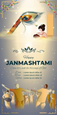 Janmashtami 'nin Vektör İllüstrasyonu güzel flütü tavus kuşu tüyü ve tatlı bebek Krishna' yı tencerede oturup tereyağı yerken gösteriyor. Janmashtami, Tanrı Krishna 'nın doğum günü olarak kutlanır..