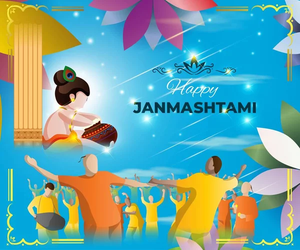 Vektorová Ilustrace Pro Happy Janmashtami Ukazuje Roztomilé Dítě Lord Krishna — Stockový vektor