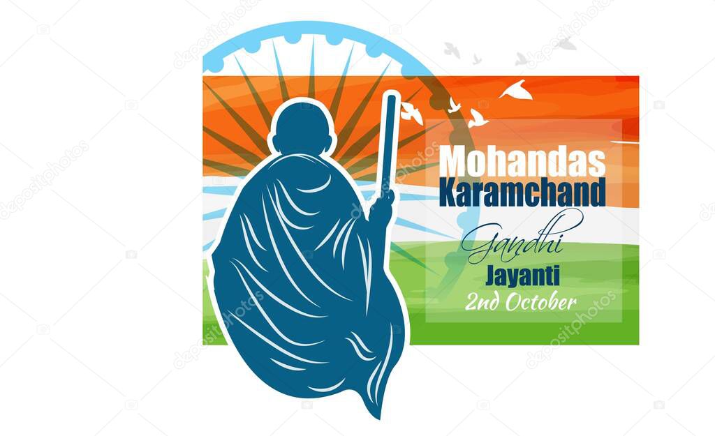 Vector illustration of Gandhi Jayanti shows the Indian flag in the background  with flying doves as a symbol of peace and image of Mahatma Gandhi original name Mohandas Karamchand Gandhi. Gandhi Jayanti is celebrated on his birthday 2nd October. 