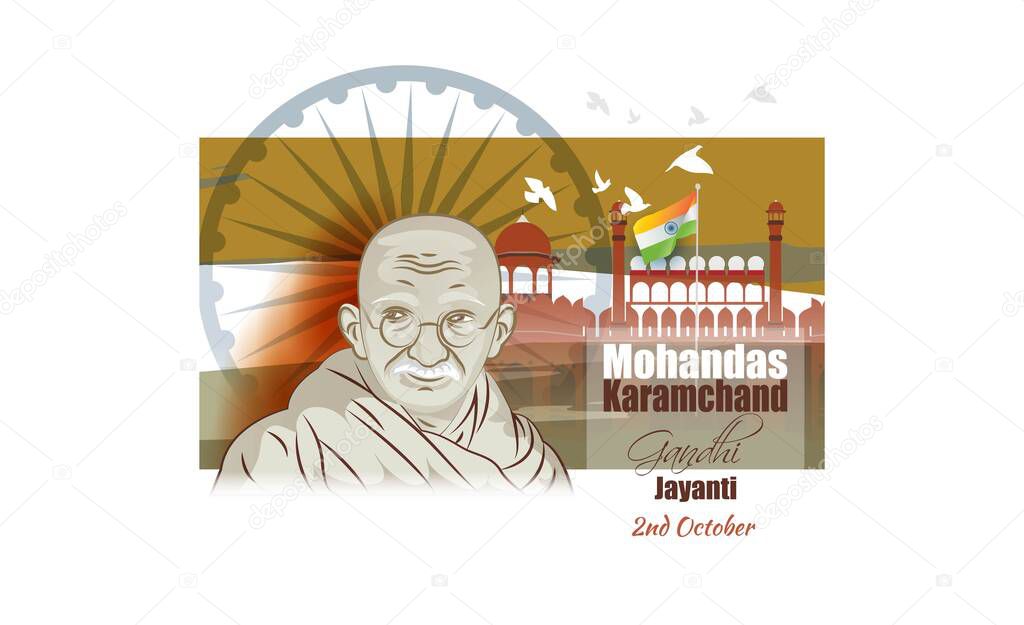 Vector illustration of Gandhi Jayanti shows the Indian flag in the background with the red fort and Indian Flag on the top of the fort with flying doves as a symbol of peace and image of Mahatma Gandhi supporter of Non- violence and peace.