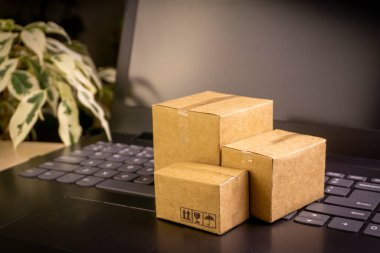 İnternet alışveriş konsepti. Küçük teslimat kutuları, dizüstü bilgisayarın üzerinde durun. Boşluğu kopyala