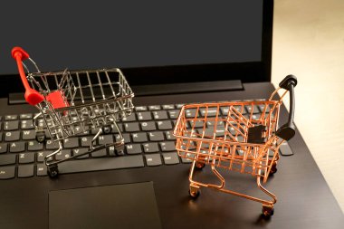 Laptopta alışveriş sepetleri ve arka planda bitkiler. kopyalama alanı. alışveriş kavramı