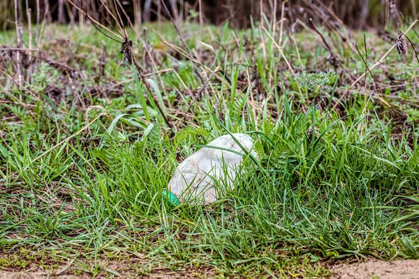 Basura Botella Plástico Vacía Encuentra Hierba Verde Del Bosque Concepto —  Fotos de Stock