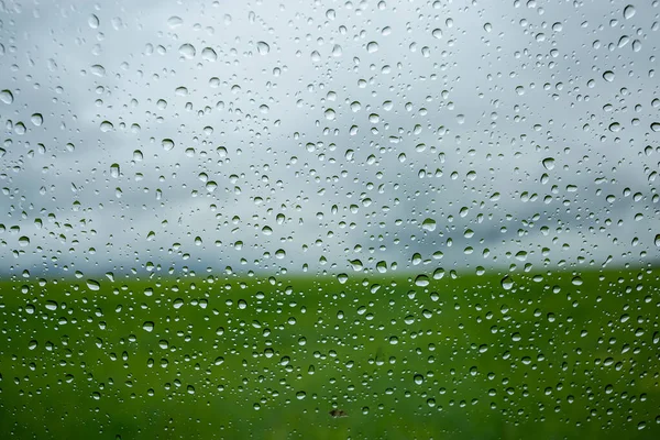 Macro Texture Raindrops Window Glass Background Cloudy Sky Rain Green — Stock Photo, Image