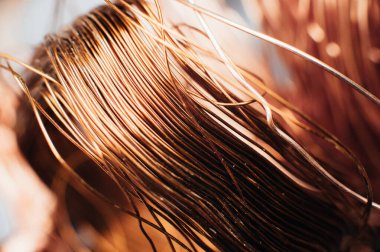 Bakır hurda metal, kablo, motor ve trafolar, yalıtımsız elektrik telleri. Bakır bir yaprağın arka planına karşı. Yakın plan. Makro.