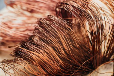 Bakır hurda metal, kablo, motor ve trafolar, yalıtımsız elektrik telleri. Bakır bir yaprağın arka planına karşı. Yakın plan. Makro.