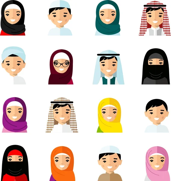 Uppsättning av avatar arabiska människor i platt färgglad stil — Stock vektor