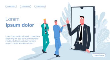 Takım elbiseli üç adam online bir konferans düzenliyor. Siyah takım elbiseli bir adam büyük bir cep telefonundan konuşur. Vektör illüstrasyonu uzaklık çalışması ve çevrimiçi iş yapma becerisini gösteriyor.
