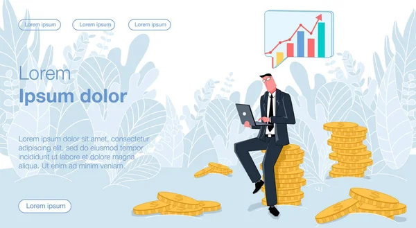 ノートパソコンで仕事のスケジュールを勉強するコインの山の上に座ってビジネススーツのビジネスマン ベクトル図は オンライン収益と距離の仕事とビジネスを示しています — ストックベクタ