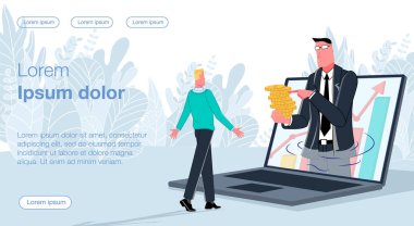 Telefondaki bir işadamı elinde tuttuğu parayla yeşil kazaklı bir adama işten bahsediyor. Arkaplanda bilgi grafikleri var. İş vektörü çizimi.