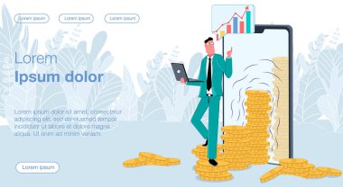 Lider telefonu bozuk paralardan yapılmış bir dizüstü bilgisayarın içinde grafikler olan merdivenlere bırakıyor. İş vektörü çizimi.
