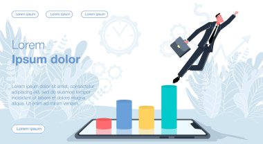 Takım elbiseli bir adam, bir cep telefonunun ekranından yükselen grafiğin ötesine itiyor. İnternet gelirleri ve kazançlarının vektör illüstrasyonu