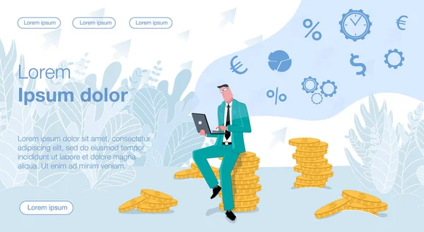 Líder Hombre Negocios Traje Verde Sienta Monedas Con Una Computadora — Vector de stock