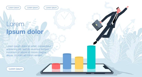 ビジネススーツの男が携帯電話の画面から出てくる成長していく上のグラフから押しのけている インターネット上のオンライン収入と収益のベクトル図 — ストックベクタ