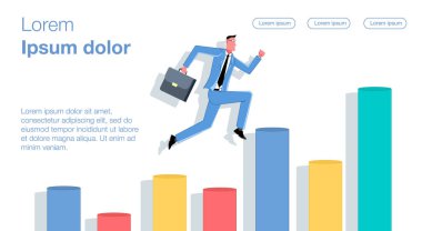 Başarıya giden yol. İşadamı, hedefine ulaşmak için grafik sütunlarına doğru koşuyor. İş vektörü çizimi.