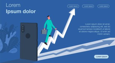 Telefondan büyüyen bir grafiğin oku çıkıyor. İşadamı bir oka tırmanır. İş vektörü çizimi.