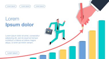 Portföyü olan bir iş adamı programı hızlandırıyor. Büyük el bir grafik çizer. İş vektörü çizimi.