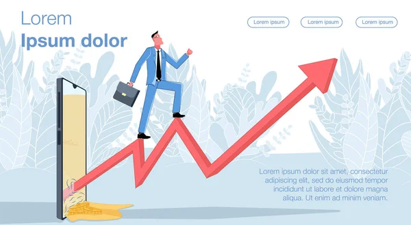 オンライン収益 ビジネスマンは 電話画面から出てくるグラフの矢印を登る ビジネスベクトルのコンセプトイラスト — ストックベクタ