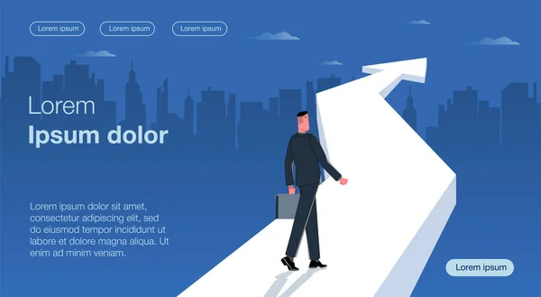 暗い色で 正しい道だ ブリーフケース付きのビジネスマンは 成長しているチャートの矢印に従います 街を背景に ビジネスベクトルのコンセプトイラスト — ストックベクタ