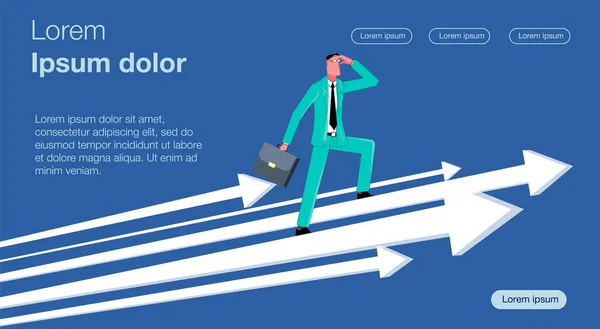 暗い色で ビジネスマンは前方に移動している矢印の上に立って距離を調べる ビジネスベクトルのコンセプトイラスト — ストックベクタ