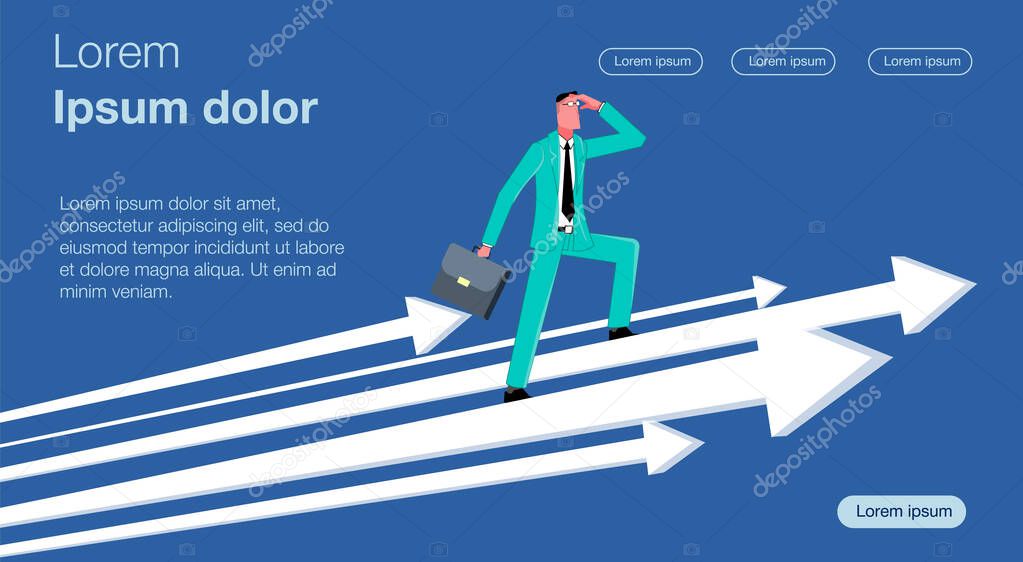 In dark colors. A businessman looks into the distance standing on the arrows that are moving forward. Business vector concept illustration.