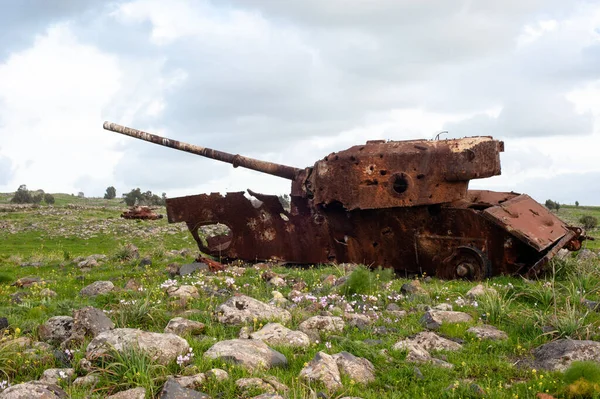 tank ruins and gray sky