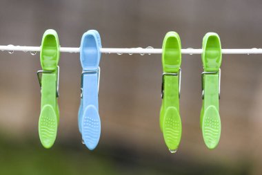 Bir yağmurlu bir gün natürmort yağmur damlaları ve soğuk hava gösterilen bahçedeki ıslak peg ile kavramsal görüntü. bokeh arka plana accomated metin yerleşimi ve kopya alanı 