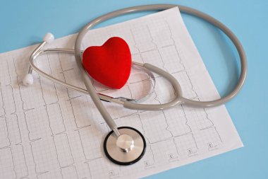 Kardiyogramda tıbbi steteskop ve kırmızı kalp var. Kardiyoterapist, kalp atış hızı monitörü, kardiyak fizik, kalp atış hızı ölçümü, aritmi, 911..