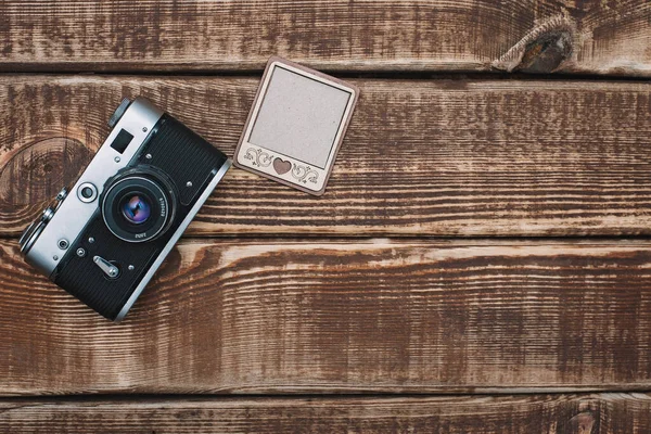 Hipster Style Retro Camera Wooden Background Tourism Travel Concept Flat — Stock Photo, Image