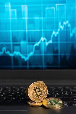 Bitcoin paralar bir klavye üzerinde arka planda çözülmüş büyüme grafiği grafiği ile karşılaştırılır. Sanal kripto para birimi kavramı. Bitcoin madenciliği, online iş, alışveriş. Boşluğu kopyala