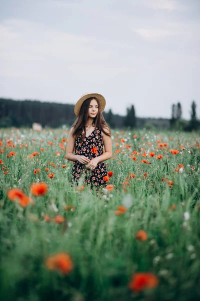 Bella Ragazza Libera Cappello Campo Estivo Papaveri Rossi Concentrazione Selettiva — Foto Stock