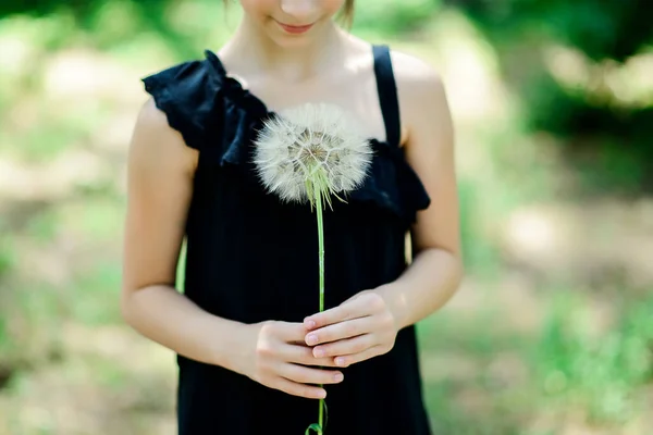 Großer Weißer Flauschiger Löwenzahn Den Händen Eines Kindes Auf Sommergrünem — Stockfoto