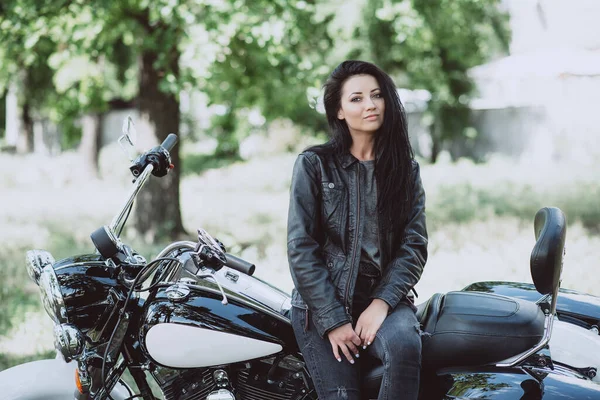 Sexy Biker Girl Leather Jacket Sitting Her Motorcycle Soft Focus — Stock Photo, Image