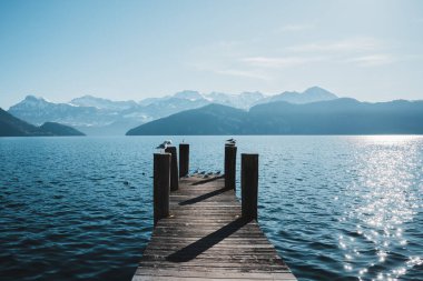 Lucerne Gölü 'nün üzerinden İsviçre dağlarına bak Weggis.