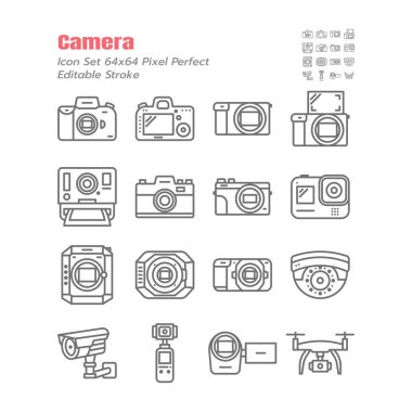 Kamera Vektörü İnce Özet Simgeleri Basit Kümesi. DSLR, Mirrorless, Instant, Action Cam, Film, Compact, Drone, Cinematography, Cinema, Digital ve daha fazlası gibi. 64x64 Piksel Mükemmel. Düzenlenebilir Vuruş.