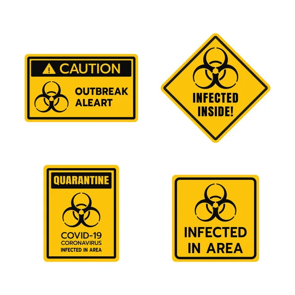 Жовтий Знак Обережності Covid Set Попередження Інфікованої Зони Спалаху Коронавірусу — стоковий вектор