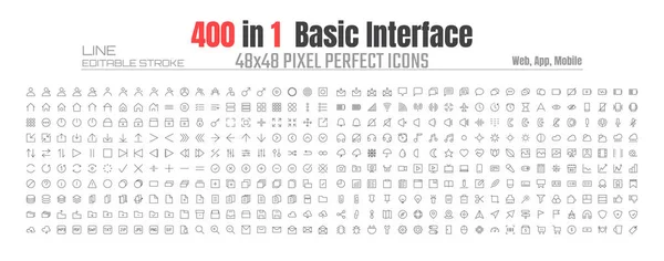 48X48 Pixels Interface Usuário Perfeita Conjunto Simples Básico Ícones Linha — Vetor de Stock