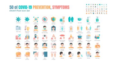 Basit Covid-19 Önleme Düz Simgeleri. Koruyucu Tedbirler, Coronavirus, Hijyenik Sağlık, Sosyal Mesafe, Eller Yıkama, Belirtiler, Karantina, Evde Kalın. 64x64 Piksel.