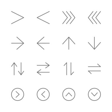 Basit ok arayüzü seti İlgili Vektör İnce Satır Simgeleri. Yön, inkar, düğme, sonraki, yukarı, aşağı, sol, sağ, işaret, değiş tokuş ve daha fazlasını içerir. resimleme
