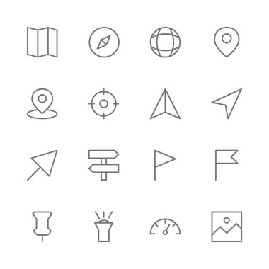 Basit Seyahat İlgili Vektör İnce çizgi Simgeleri Kümesi. Harita, pusula, konum, GPS, yön, etiket, bayrak, iğne, ışık, hız, resim ve daha fazlası gibi içerir. resimleme.