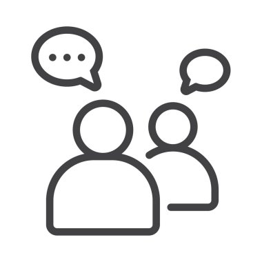 İki kişilik Grubun lineer özet simgesi konuşuyor veya buluşuyor veya sohbet ediyor, uygulama, web ve iş dünyası için sosyal topluluk kavramı - vektör illüstrasyonu