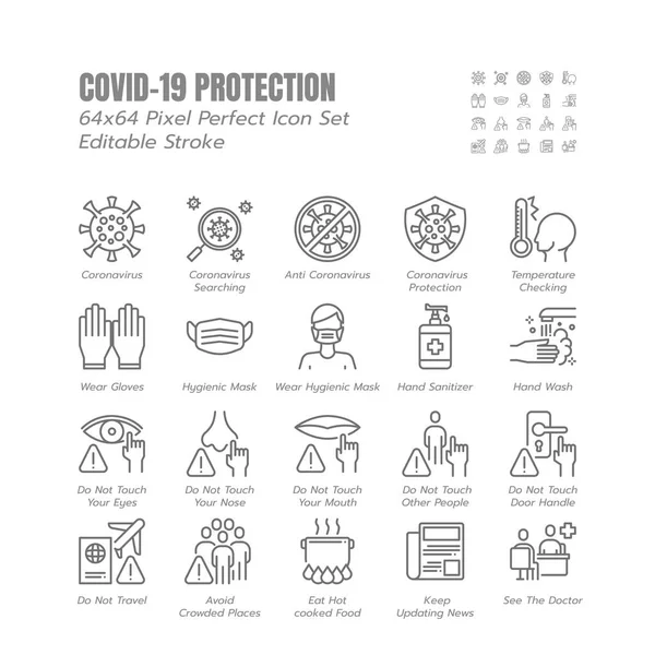Simple Set Covid Protection Line Outline Icons Icons Mask Gloves — Stock Vector